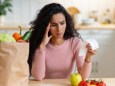 woman looking at receipt